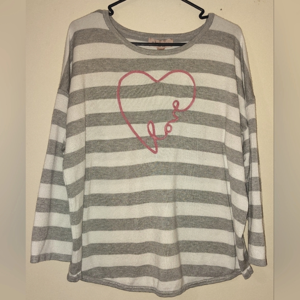 Philosophy womans plus size 1x gray and white graphic love heart striped sweater